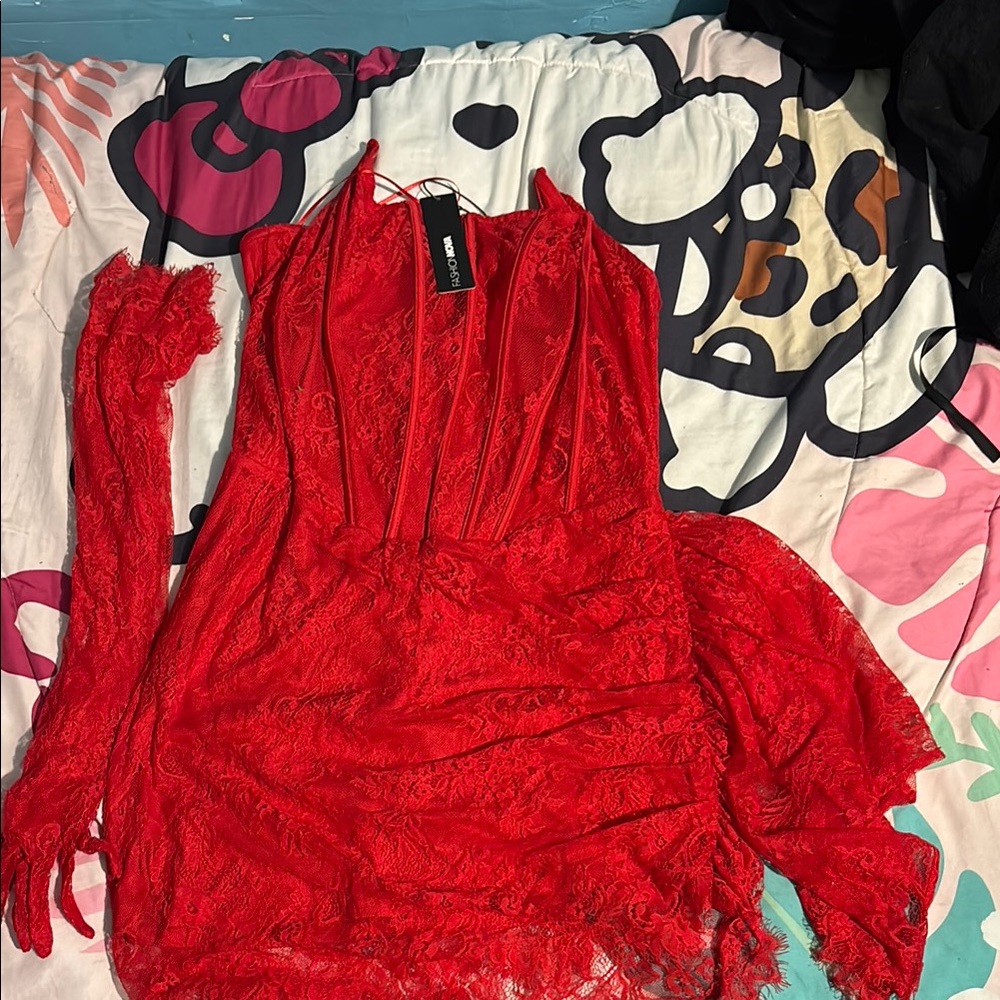 Red Lace Dress with Gloves